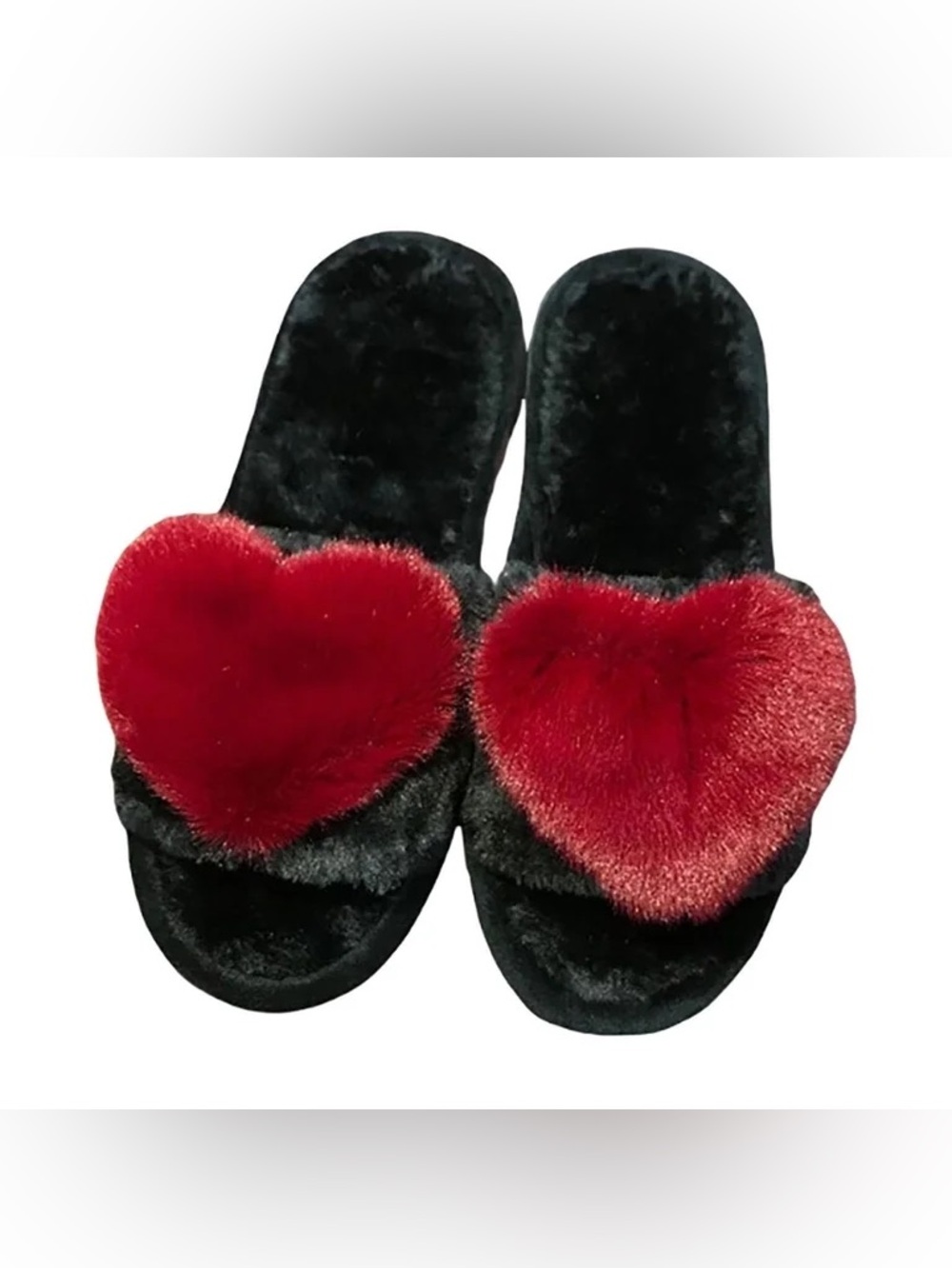 Plush Heart Slide Slippers - Black with Red Heart